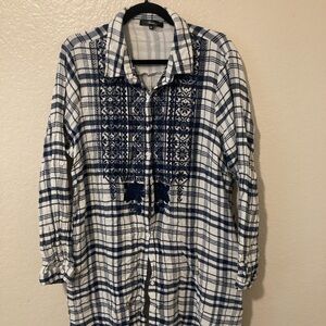 ANDREE BY UNIT Blue and White Plaid Midi Dress/tunic floral embroidery